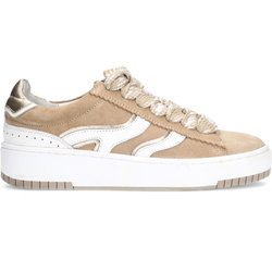 Beigefarbene Veloursleder-Sneaker mit weißen Details
