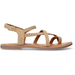 Beigefarbene Bast-Sandalen mit gekreuzten Riemchen