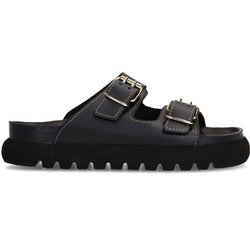 Schwarze Ledersandalen mit goldfarbenen Schnallen