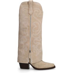 Beigefarbene Veloursleder-Cowboystiefel mit weißer Stickerei