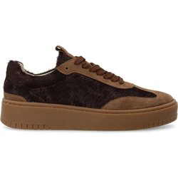 Braune Veloursleder-Sneaker mit bordeauxroten Fell-Details