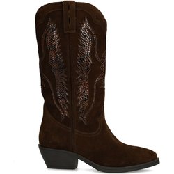 Braune Veloursleder-Cowboystiefel mit Schlangenmuster-Details