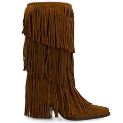 Cognacfarbene Veloursleder-Cowboystiefel mit Fransen