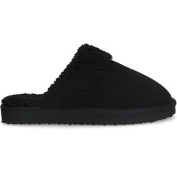 Schwarze Veloursleder-Pantoffeln mit Kunstfellfutter