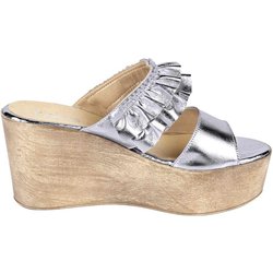 HEINE Damen Designer-Keilpantolette Silberfarben