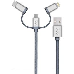Cabo Trio OEX CE301, USB Com Conectores Micro USB, Type-C E Lightning em Nylon Trançado, 1 Metro, Cinza - 487379