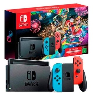 Console Nintendo Switch + Joy-Con Neon + Mario Kart 8 Deluxe + 3 Meses de Assinatura Nintendo Switch Online, Azul e Vermelho - HBDSKABL2