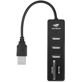 HUB C3Tech USB 2.0, para 3x USB 2.0, Cartão de Memória SD/MicroSD - HU-L200BK