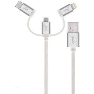 Cabo Trio OEX CE301, USB Com Conectores Micro USB, Type-C E Lightning em Nylon Trançado, 1 Metro, Cinza - 500074