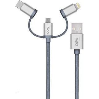 Cabo Trio OEX CE301, USB Com Conectores Micro USB, Type-C E Lightning em Nylon Trançado, 1 Metro, Cinza - 487379