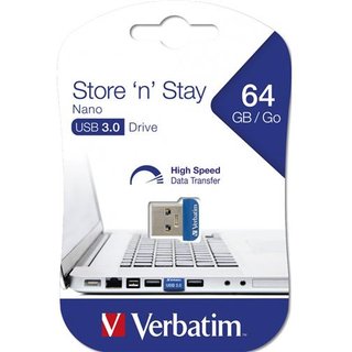 Verbatim Store 'n' Stay NANO - USB 3.0 Drive 64 GB - Blue. Capacity: 64 GB Device interface: USB Type-A USB version: 3.2 Gen 1 (3.1 Gen 1). Form factor: Cap. Weight: 3 g. Product colour: Blue