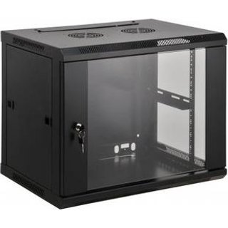 Intellinet 19" Network Cabinet - Wall Mount (Standard) 9U 450mm Deep Black Assembled Max 60kg Suitable also for use on desk or floor Usable Depth 350mm Metal & Glass Door Back Panel Removeable Sides Parts for wall install (eg screws/rawl p
