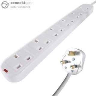 connektgear 2m 6 Way Surge Protected Extension Block - UK Plug to 6 x UK Sockets - White