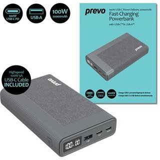 PREVO AD10C 100W USB-C Power Delivery PD 20000mAh Portable Fast-Charging Powerbank with Digital Display Dual USB-C & USB-A with 100W USB-C Cable Included for Laptops Ultrabooks Chromebooks Smartphones & Tablets Grey