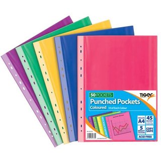 Tiger Multi Punched Pocket Polypropylene A4 45 Micron Top Opening Coloured (Pack 50) - 301735