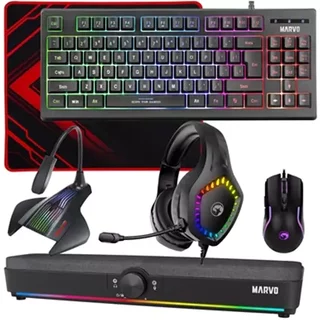 Marvo Scorpion 6-Product Gaming amp; Streaming Bundle featuring Gaming Keyboard Programmable USB Mouse Non-Slip Mousepad PC amp; Console-Compatible Gaming Headset RGB Stereo Soundbar amp; USB Streaming Microphone