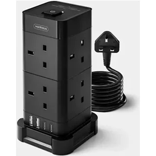 VonHaus Tower Extension Lead with USB Power Surge Protection 2M Cable Black 8 x UK Mains Sockets Three-Pin 13A Plugs Arranged Vertically With 2 Sockets On Each Of The 4 Sides