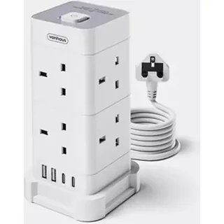 VonHaus Tower Extension Lead with USB Power Surge Protection 2M Cable White 8 x UK Mains Sockets Three-Pin 13A Plugs Arranged Vertically With 2 Sockets On Each Of The 4 Sides