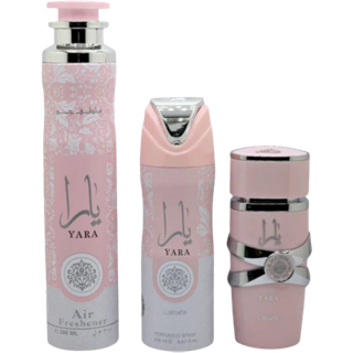 Lattafa Yara Gift Set 100ml Eau De Parfum, 300ml Air Freshener & 200ml Perfumed Spray