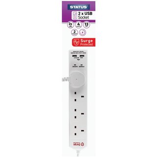 STATUSĀ® Extension Lead 240V 4-Gang + 2 USB 13A 2m White S4W2M2XUSB1PK4