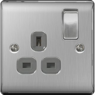 NEXUS Brushed Steel Switched Socket 13a Black Inset NBS21B
