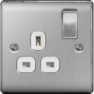 NEXUS Brushed Steel Switched Socket 13a White Inset NBS21W