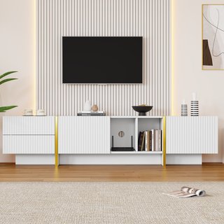 Modern TV Cabinet with Storage Cabinet and Open Shelves for 85-Inch TV, Entertainment Centre for Living Room, 190L x 35W x 45H cm, White+Gold Aosom.UK