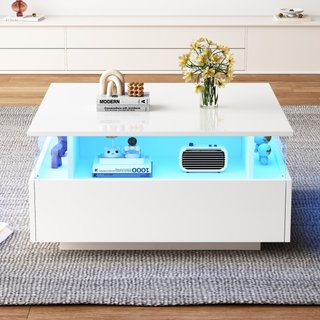 Modern LED Coffee Table with Storage and Bluetooth Control, Square Design Cocktail Table with 2 Sliding Drawers, 70L x 70W x 41H cm, White Aosom.UK