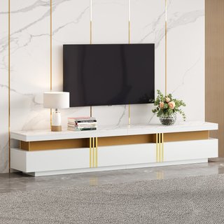 Luxury TV Stand with 3 Drawers and Faux Marble Top for 89-Inch TV, Entertainment Centre with Golden Panel Design, 200L x 40W x 42H cm, White Aosom.UK