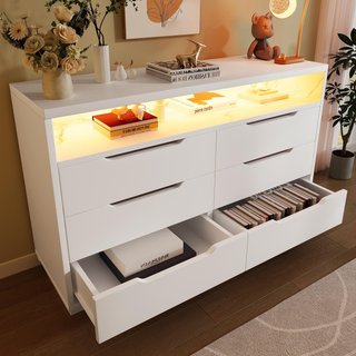 Marbled Sideboard with 6 Storage Drawers, RGB LED Lighting, Modern Storage Cabinet for Bedroom, Living Room, 120L x 40W x 85H cm, White Aosom.UK
