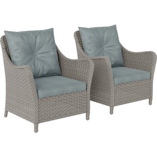 Outsunny Rattan Garden Chairs Set of 2, Outdoor Rattan Chairs with Cushions, Armrests and High Back, PE Wicker Garden Armchair with Steel Frame for Balcony, Porch, Light Grey