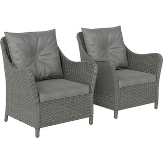 Outsunny Rattan Garden Chairs Set of 2, Outdoor Rattan Chairs with Cushions, Armrests and High Back, PE Wicker Garden Armchair with Steel Frame for Balcony, Porch, Dark Grey
