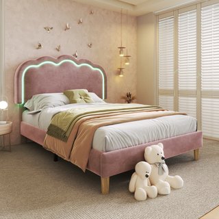 Upholstered Single Bed with LED Adjustable Headboard, Efficient Assembly, Velvet Bed Frame with Wooden Slats, 197L x 101W x 109H cm, Pink Aosom UK