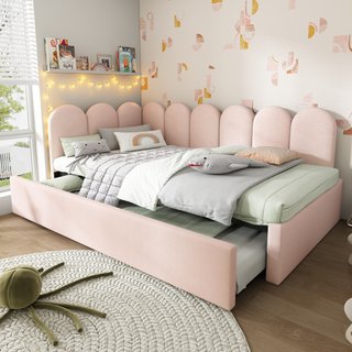 3ft Upholstered Daybed with Pull-Out Bed, Velvet Fabric, Easy Installation, Single Sofa Bed with Slatted Frame, 193L x 97W x 76H cm, Pink Aosom UK