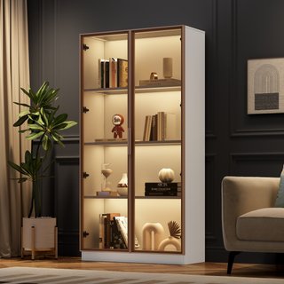 Remote-Controlled LED Display Cabinet with Glass Doors, Adjustable Shelves, Storage Cabinet with RGB Lighting, 160L x 80W x 40H cm, White Aosom UK