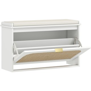 HOMCOM Boho Shoe Bench with Padded Seat and Flip-Drawer - White