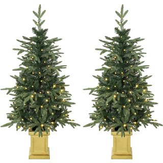 HOMCOM Set of 2 Prelit Christmas Trees with Dual-Colour LEDs, Remote, 4ft Artificial Aspen Fir Battery-Operated, 11 Modes, Pot