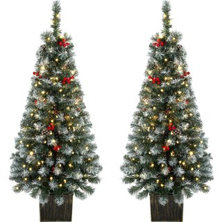 HOMCOM 4ft Pre-Lit Slim Artificial Christmas Tree Set of 2, with 100 Dual-Colour LED Lights, 140 Frosted Branch Tips