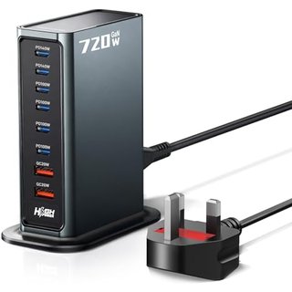 Rocoren 720W USB C Charger Block, 8 Ports PD 140W Charging Station Hub, Multi USB Charger with 1.5m UK Extension Cord Compatible with MacBook, HP, iPa