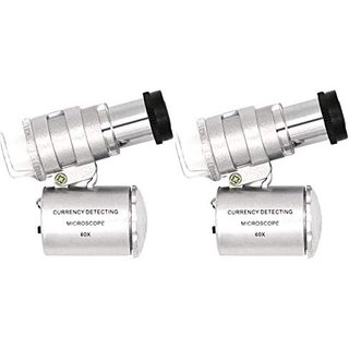 QiCheng&LYS Mini 60X Adjustable Pocket LED Microscope Magnifier Loupe Magnifying Glass with Currency Detection (Silver 2pcs)