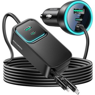 Rocoren Retractable Car Charger 135W Fast Charge Car Van Accessories, 6 in 1 USB C Car Adapter with 80cm Retractable Cable 1.5m Cord, 12V/24V Socket,