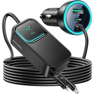 Rocoren Retractable Car Charger 135W Fast Charge Car Van Accessories, 6 in 1 USB C Car Adapter with 80cm Retractable Cable 1.5m Cord, 12V/24V Socket,