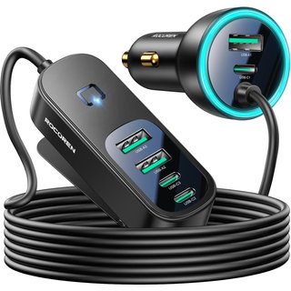 Rocoren Car Charger 105W, Car Van Accessories, 6 in 1 PD35W QC3.0 Fast Charge Multi USB C Car Charger Adapter with LED and 1.5m Cord for 12V-24V Socke