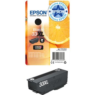 Epson Oranges 33XL Claria Premium Single Black Ink. Cartridge capacity: High (L) Yield Black ink type: Pigment-based ink Black ink volume: 12.2 ml Supply type: Single pack Printing colours: Black Quantity per pack: 1 pc(s)