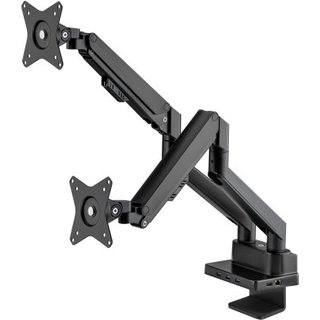 Manhattan Dual Desk Mount for TV & Monitors (Full Motion Gas Spring), For screens 10" to 27", Clamp or Grommet Assembly, VESA compatibility: 75x75 and 100x100mm - check the dimensions of the four mounting holes on back of screen to ensure it fits, Max 8kg