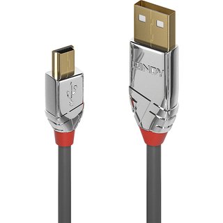 Lindy 5m USB 2.0 Type A to Mini-B Cable Cromo Line. Cable length: 5 m. Connector 1: USB A Connector 2: Mini-USB B USB version: USB 2.0 Maximum data transfer rate: 0.48 Gbit/s Connector contacts plating: Gold Product colour: Grey
