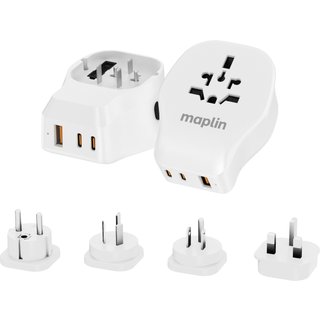 Maplin Worldwide Travel Adapter 1x USB-A & 2x USB-C 4 Detachable P