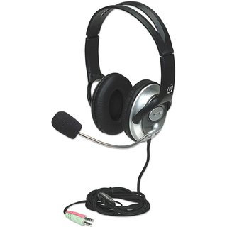 Manhattan Stereo Over-Ear Headset (3.5mm), Microphone Boom (padded), Adjustable Steel Headband, In-Line Volume Control, Ear Cushions, Std 2x 3.5mm stereo jack/plug for audio/mic use, cable 2.5m, 3 Year Warranty