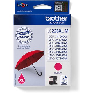 Brother LC225XLM. Colour ink type: Pigment-based ink Supply type: Single pack Colour ink page yield: 1200 pages Printing colours: Magenta Quantity per pack: 1 pc(s)