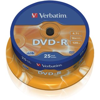 Verbatim 43667. Native capacity: 4.7 GB Type: DVD-R Quantity per pack: 25 pc(s). Package width: 141 mm Package depth: 141 mm Package height: 56 mm. DVD write speed: 16x